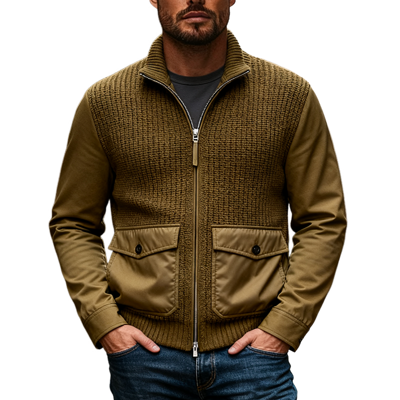 Men's Retro Casual Stitching Stand Collar Zipper Knit Cardigan MTA2061J4X