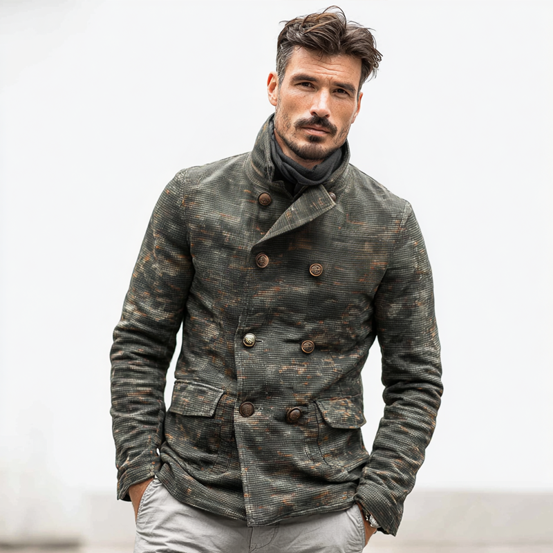 Men's Camouflage Waffle Stand Collar Double Breasted Casual Jacket MTA1879H0Z