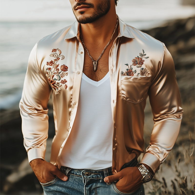Men's Classic Champagne Satin Floral Embroidered Long Sleeve Shirt MTA2498G6U