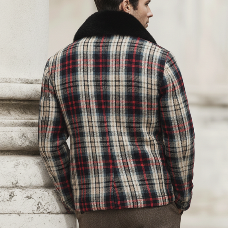 Men's Classic Color-block Plaid Fur Collar Single-slit Zipper Jacket MTA2501K9U