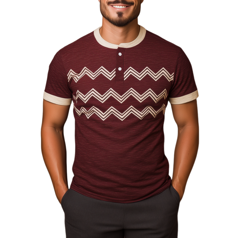 Herre T-skjorte med bølgestriper og henleykrage i kontrastfarge, slim fit, pustende og korte ermer, MTA0423F5M