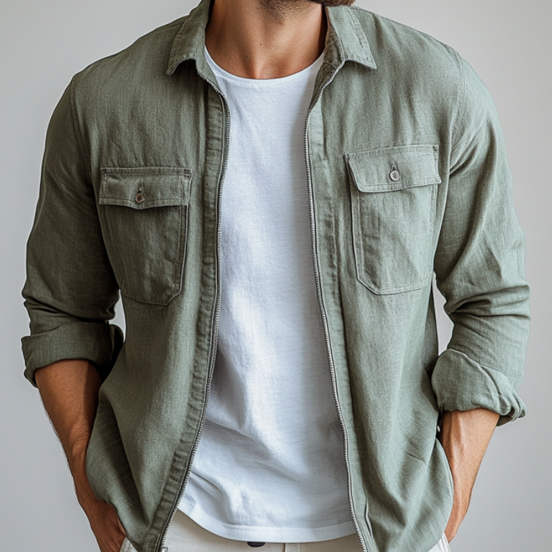 Men's Casual Breathable Linen Blended Lapel Chest Pocket Zipper Placket Long Sleeve Shirt MTA0682E6M