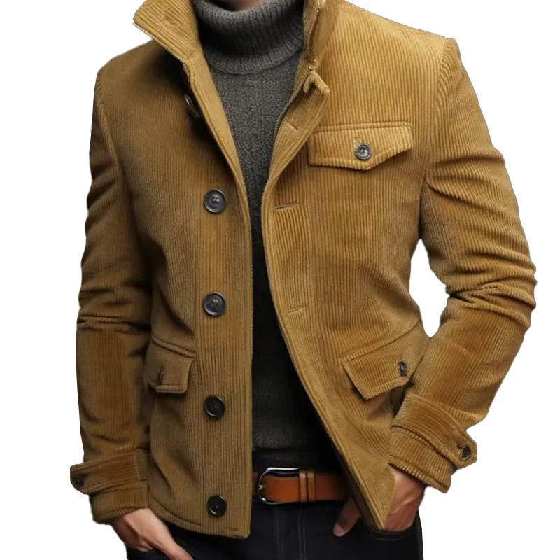 Chaqueta de pana con múltiples bolsillos y cuello alto estilo vintage para hombre 86754965M