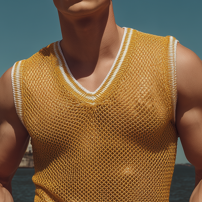 Men's Spring And Summer Fashion Casual Slightly Transparent Sexy V-neck Slim Knitted Tank Top MTA1921F6K