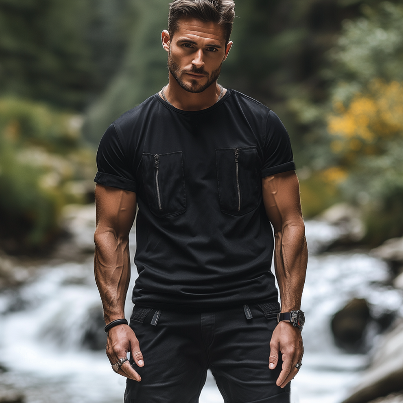 Men's Summer Fashion Zipper Pocket Round Neck Short Sleeve T-Shirt MTA2026F7U