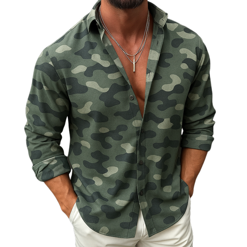 Men's Camouflage Print Lapel Long Sleeve Shirt MTA2194G4Z