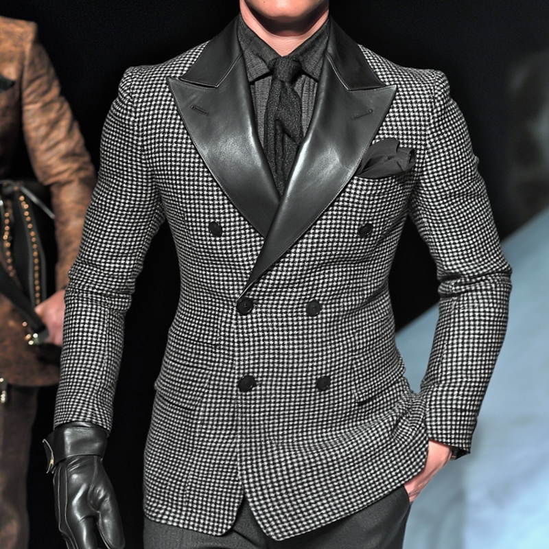 Men's Retro Casual PU Leather Houndstooth Double-Breasted Blazer MTA0368I1TO