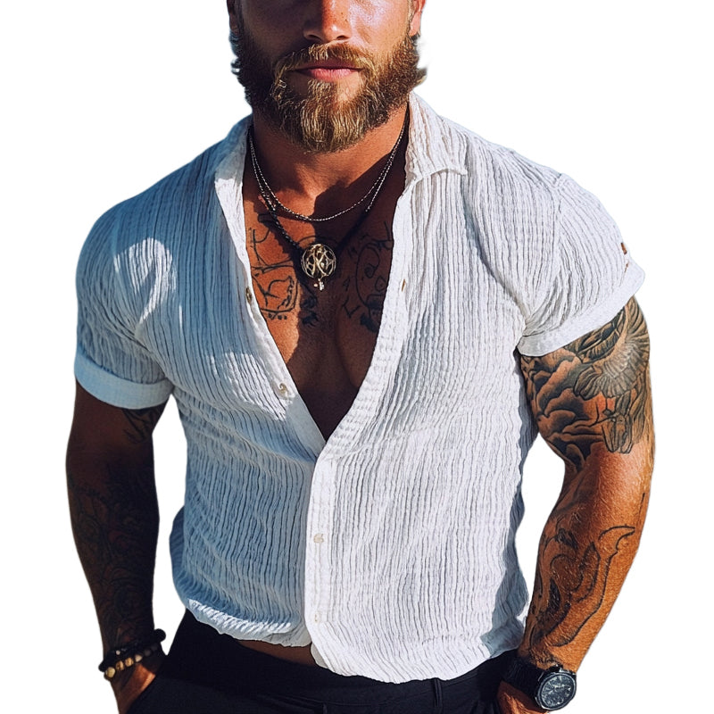 Men's Striped Textured Lapel Short Sleeve Shirt MTA3010D7X