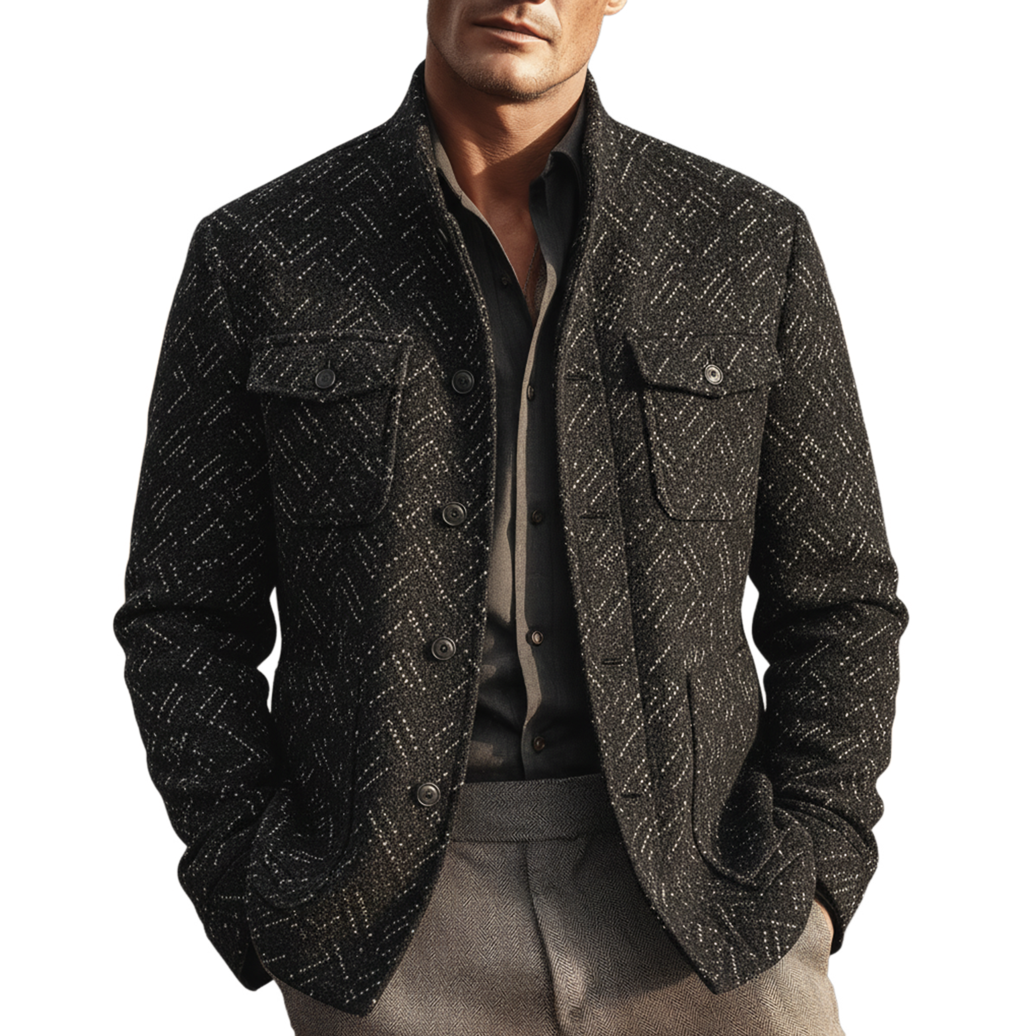 Men's Classic Light Business Stand Collar Multi-pocket Faux Textured Wool Jacket MTA2916I7K