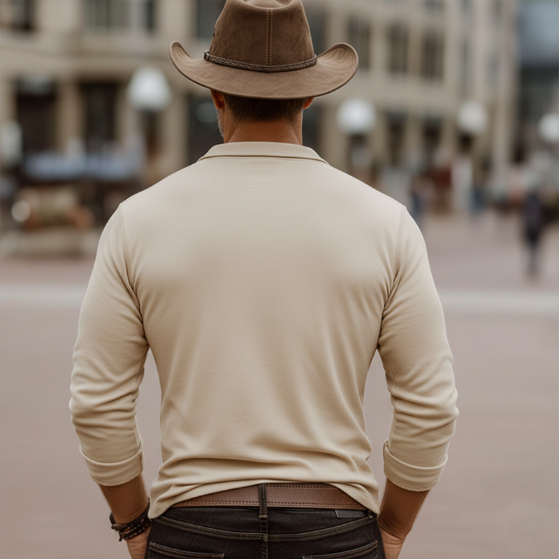Men's Western-style Beige Faux Suede Lace-up V-neck Long-sleeved T-shirt MTZ1295A0U