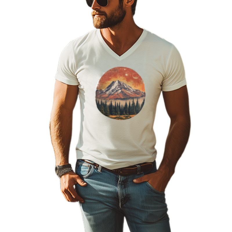 Men's American Retro Yellowstone Park Series Printed V-Neck Cotton T-Shirt 79461017K