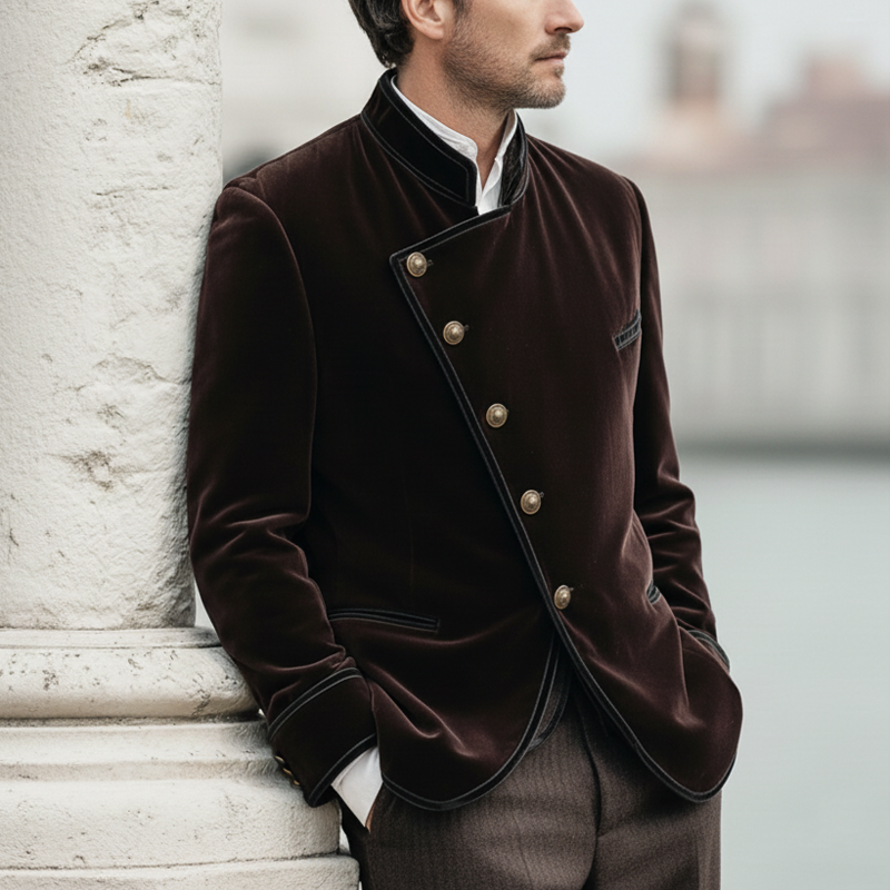 Men's Retro Stand Collar Diagonal Button Single Vent Velvet Jacket MTA2150K3U