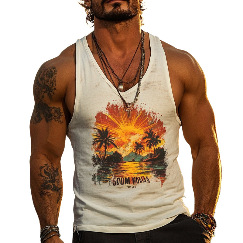Men's Hawaiian Vacation Print Crew Neck Tank Top MTA2923D5X