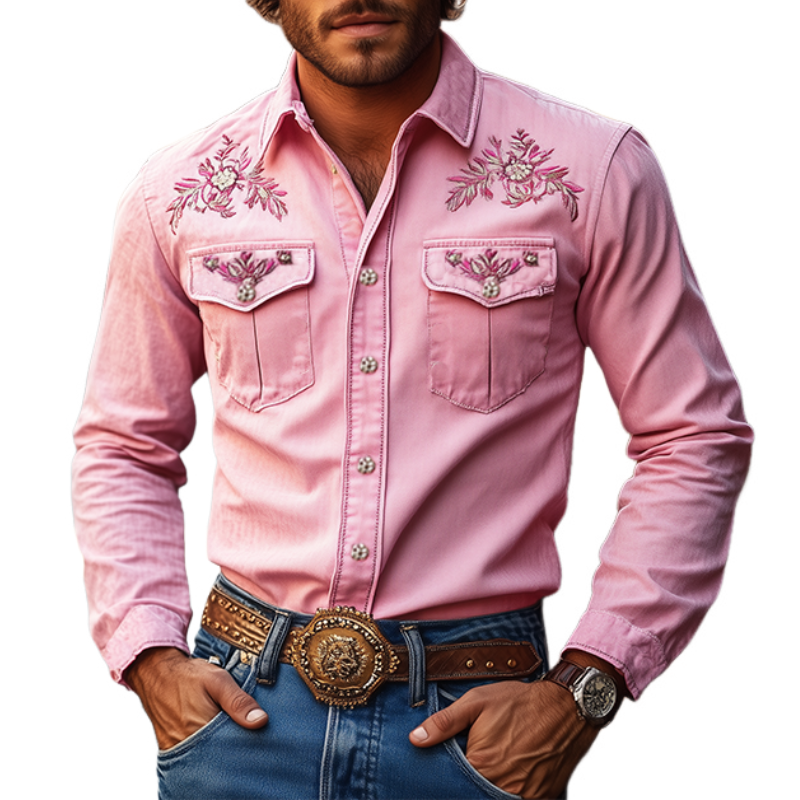 Men's American Retro Western Style Embroidered Long Sleeve Shirt 96546825K