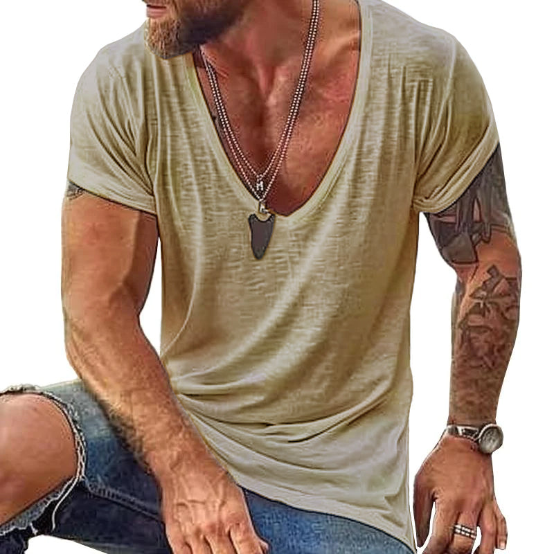 Men's Casual Cotton V Neck Short-Sleeved T-Shirt 00121855M