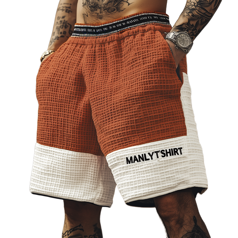 Men's Classic Casual Tough Style Waffle Fabric Stitching Letter Embroidery Eastic Waist Shorts MTA2479E1K