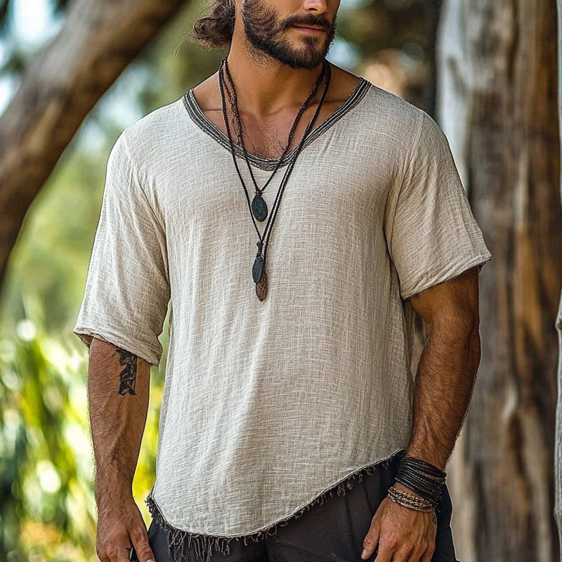 Men's Vintage V Neck Tassel Short Sleeve T-Shirt 82664012X