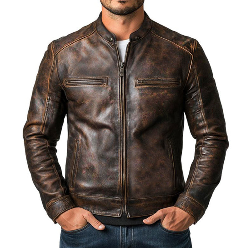 Men's Vintage Distressed Zipper Leather Jacket 57298921U