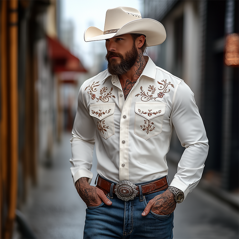 Men's Classic American Western Style Embroidered Slim Fit Cotton Long Sleeve Shirt 98153445K