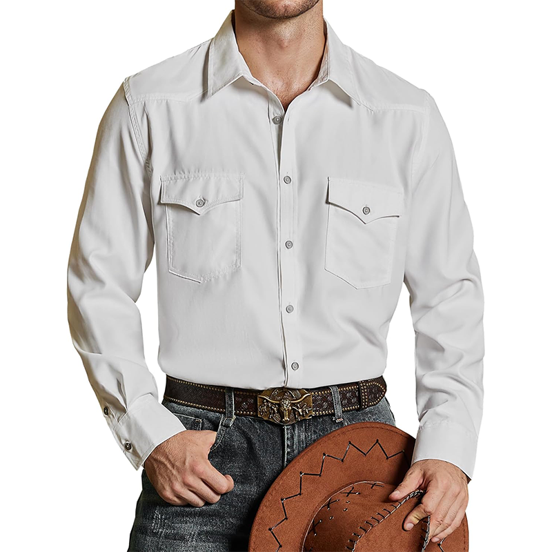 Men's Fashion Western Style Solid Lapel Chest Pocket Long Sleeve Shirt 70516683Z