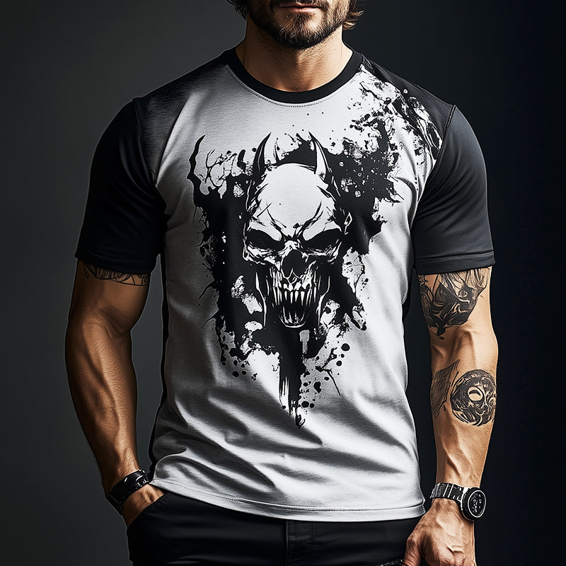 Men's Retro Casual Skull Print Round Neck Short Sleeve T-Shirt 14821696TO