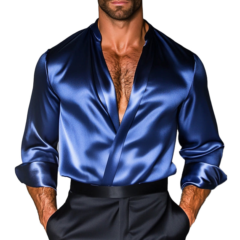 Men's Loose Shiny Stand Collar Long Sleeve Shirt 65077097X