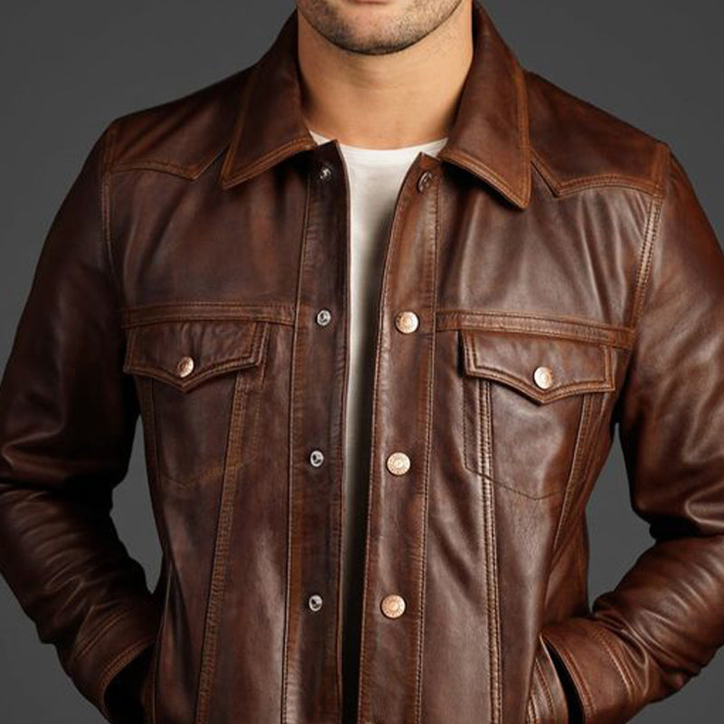 Men's Vintage Slim Fit Reddish Brown Snap Button Leather Jacket 19141162U