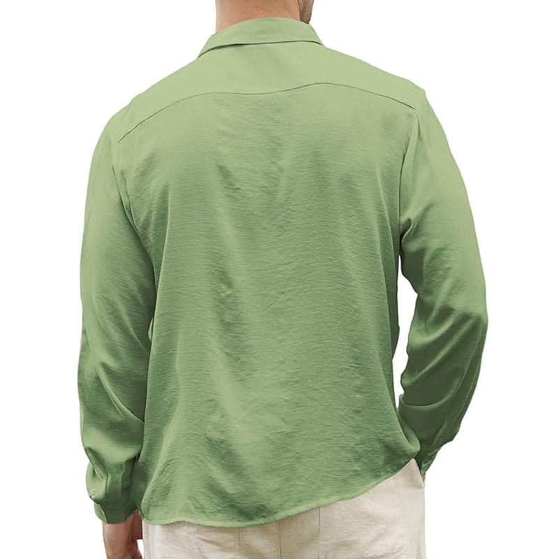 Men's Light Green Ice Silk Casual Skin-friendly Long-sleeved Shirt 57406465U