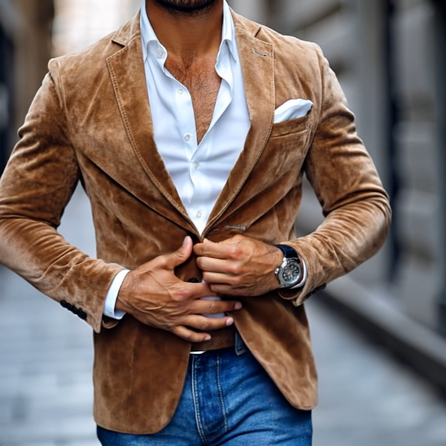 Blazer décontracté à revers crantés et deux boutons en daim uni pour homme 01543684Z