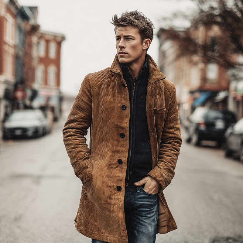 Men's Vintage Corduroy Lapel Single-breasted Mid-length Coat MTA0520H6X