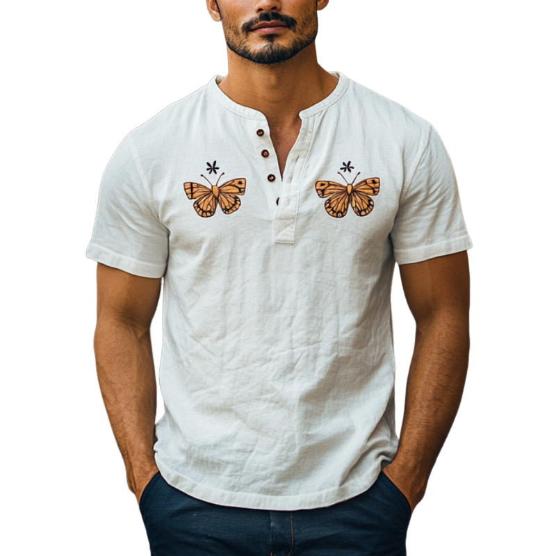 Men's Vintage Butterfly Embroidered Cotton Linen Henley Collar Slim Fit Short Sleeve Shirt MTA2286D4M