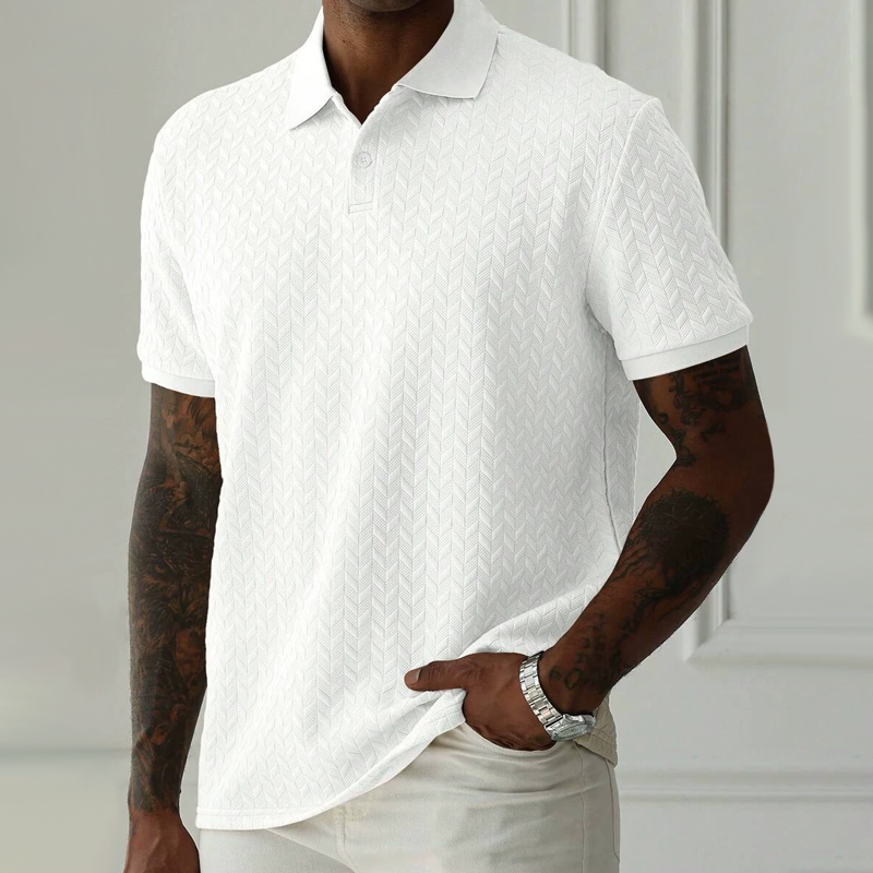 Men's Solid Textured Lapel Short Sleeve Polo Shirt 70610540Z