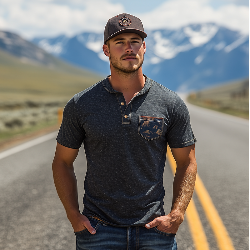 Men's Classic Vintage Yellowstone Park Series Henley Collar Cotton T-Shirt 35225610K