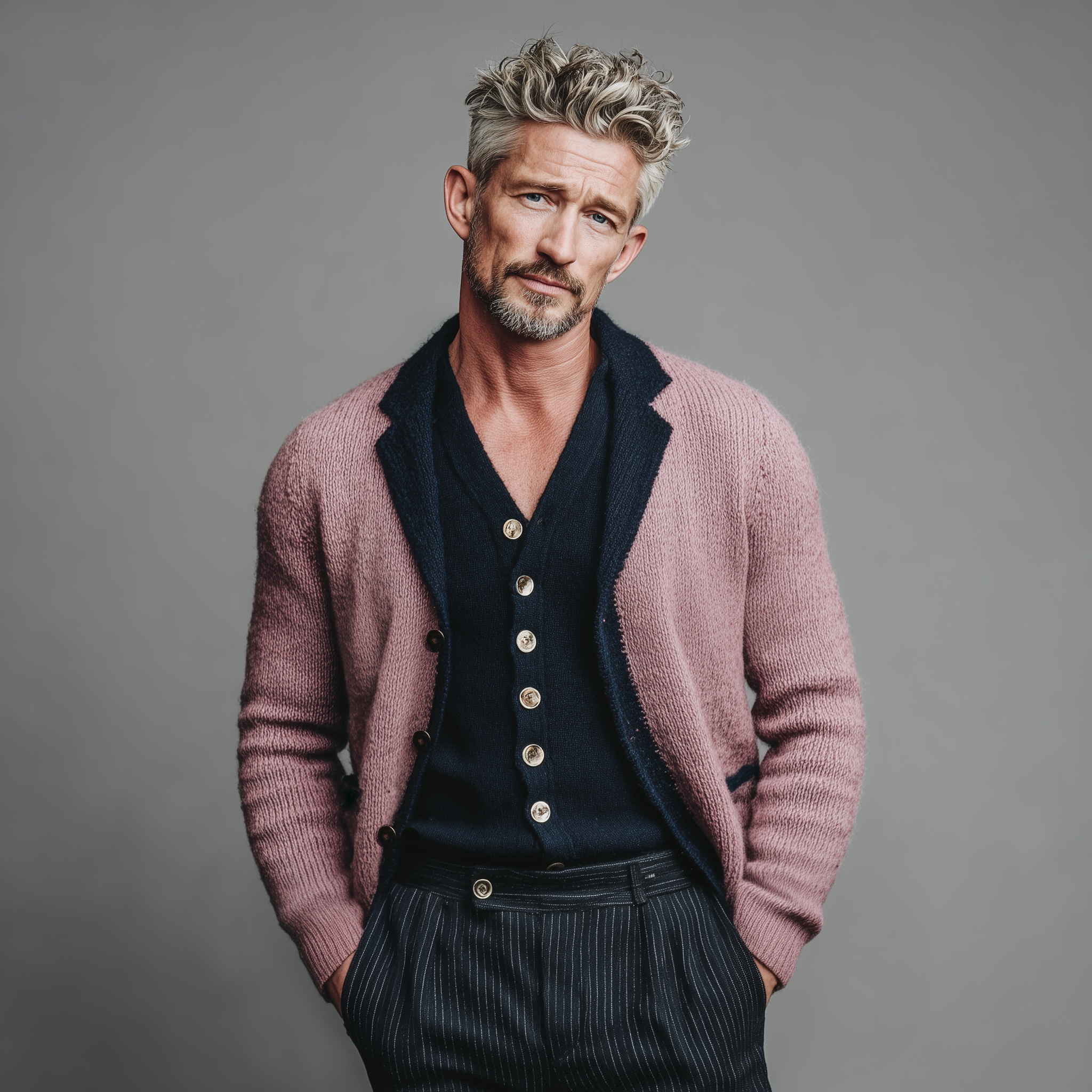 Men's Classic Casual Lapel Pink And Navy Blue Knitted Cardigan MTA2618I0K