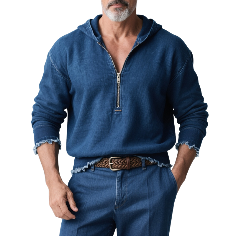 Men's Fashion Hooded Long Sleeve Denim Shirt MTA2350G0Z