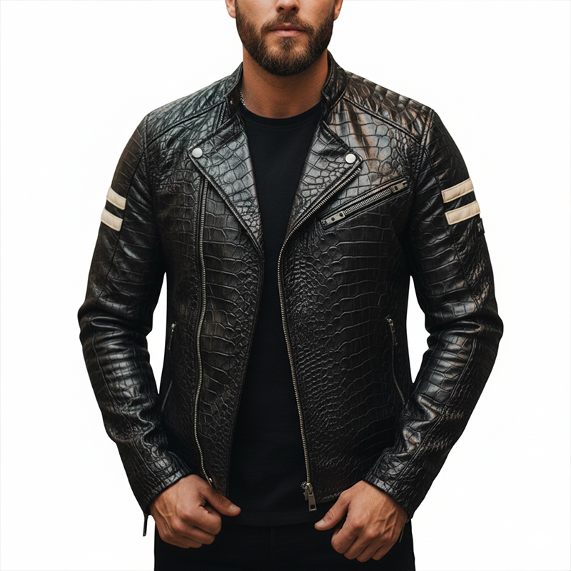 Men's Winter Fashion Crocodile Pattern PU Faux Leather Motorcycle Jacket MTA1758J5P