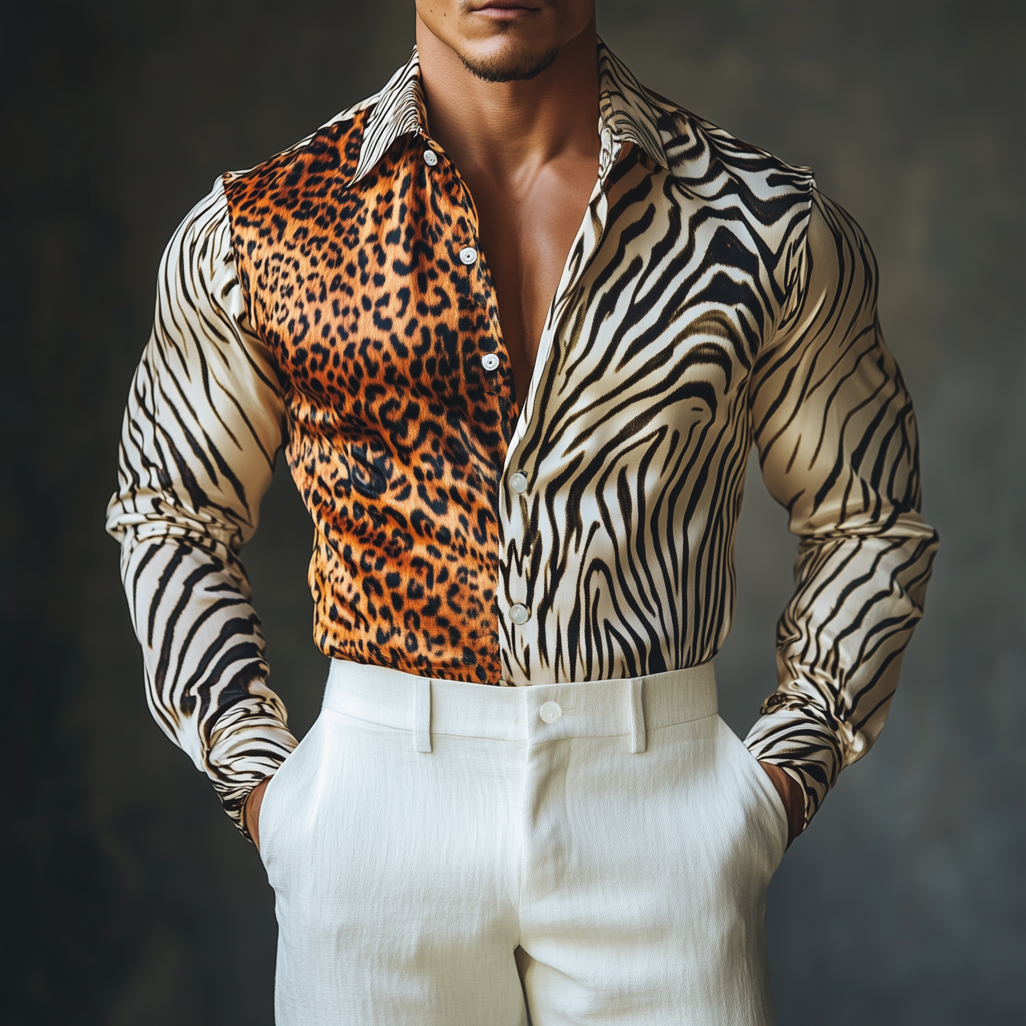 Men's Stylish Casual Satin Leopard And Zebra Print Slim Fit Long Sleeve Shirt MTA2490G7K