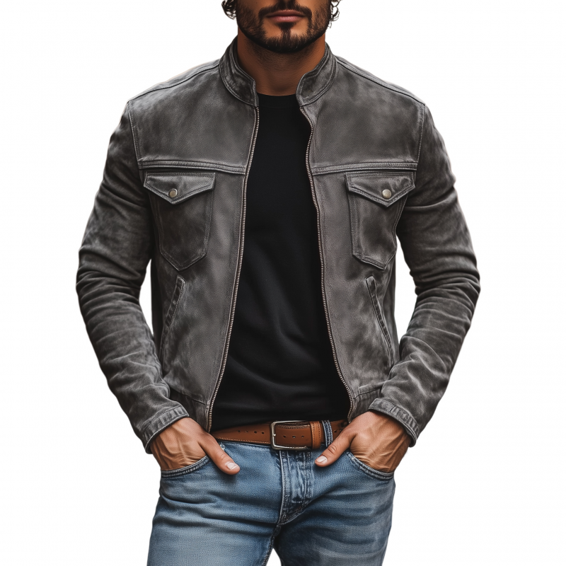 Men's Casual Outdoor Denim Washed Distressed Stand-up Collar Zipper Placket Slim Fit Short Jacket MTA1218H8M