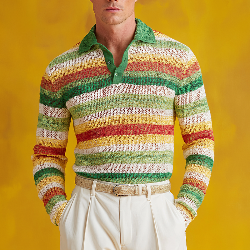 Men's Fashion Contrast Stripe Knitted Polo Neck Sweater MTA2942H3P