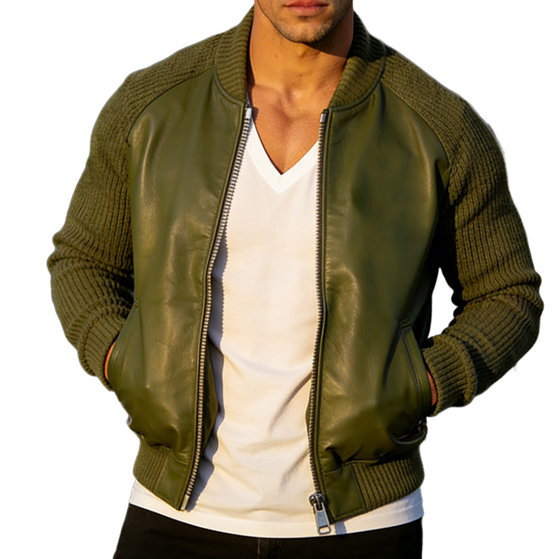 Men's Retro Casual Knitted Patchwork PU Zipper Collarless Jacket MTA1678L4TO