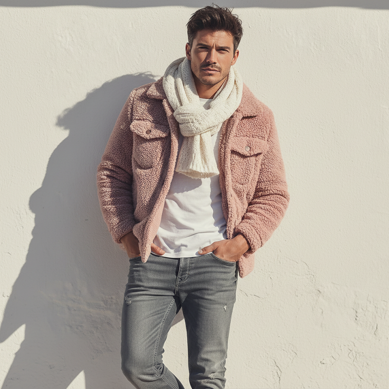 Men's Urban Winter Pink Warm Fleece Button-up Jacket MTA2480K8U