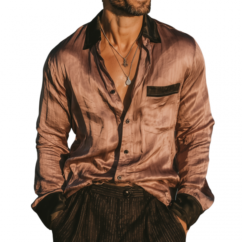 Men's Vintage Elegant Colorblock Satin Lapel Patch Pocket Slim Fit Long Sleeve Shirt MTA1500G0M