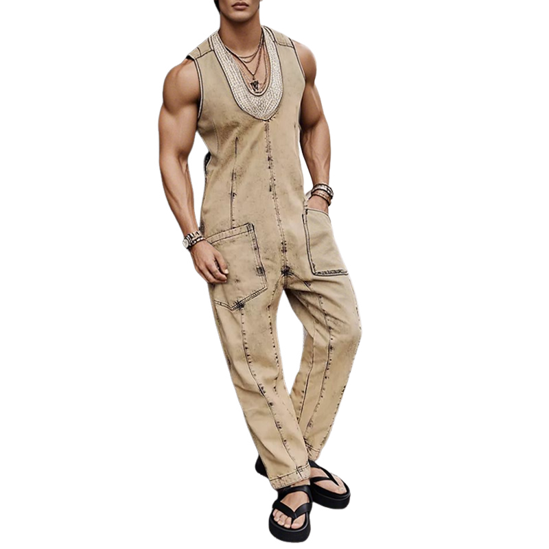 Men's Fashion Distressed U Neck Sleeveless Cargo Jumpsuit MTA1595E2Z