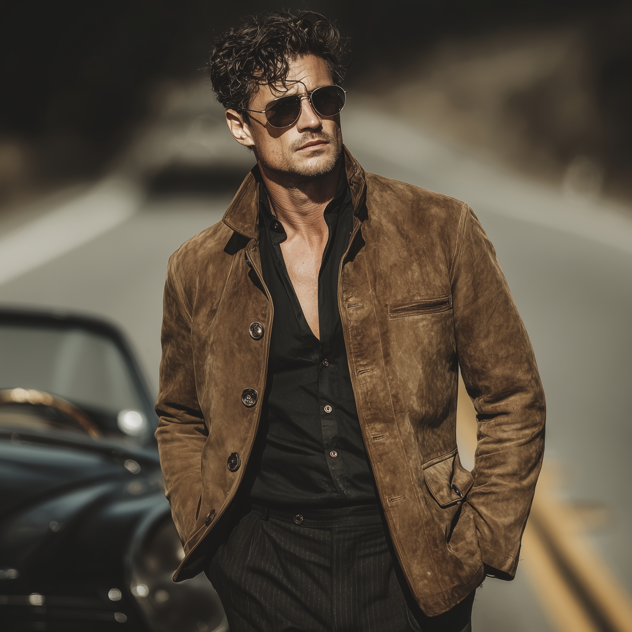 Men's Classic Retro Western Style Faux Suede Stand Collar Single-breasted Jacket MTA2915K3K