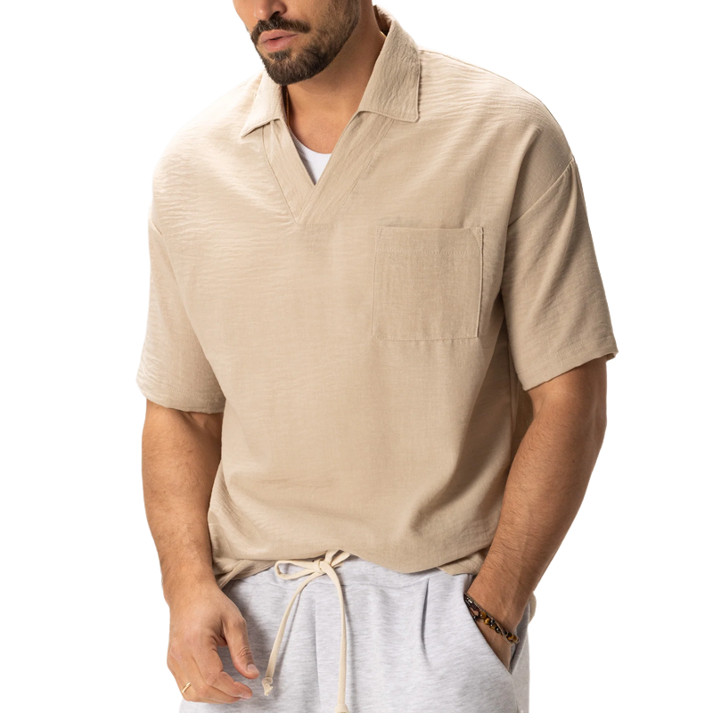 Men's Solid Color Pleated Cotton And Linen Lapel Pullover Short Sleeve Casual Shirt 96389762Z