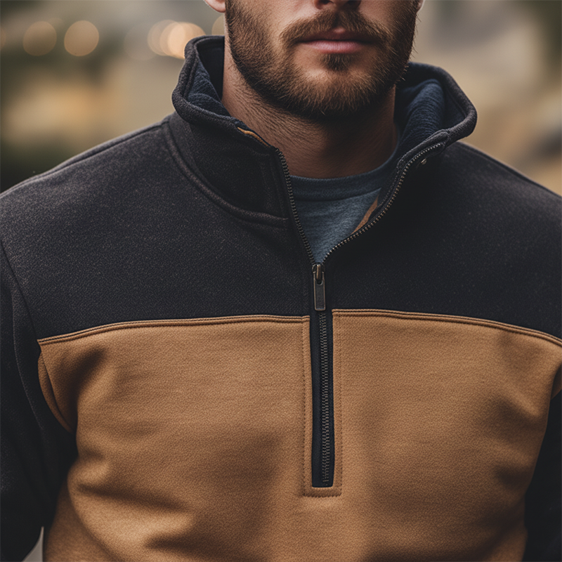 Men's Retro Cotton Blend Color Block Patchwork Half-Zip High Neck Sweatshirt MTA2901J4P