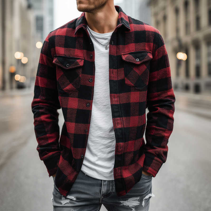 Men's Vintage Cotton Blend Contrast Plaid Lapel Flap Pocket Slim Fit Long Sleeve Shirt Jacket MTA2945G8M