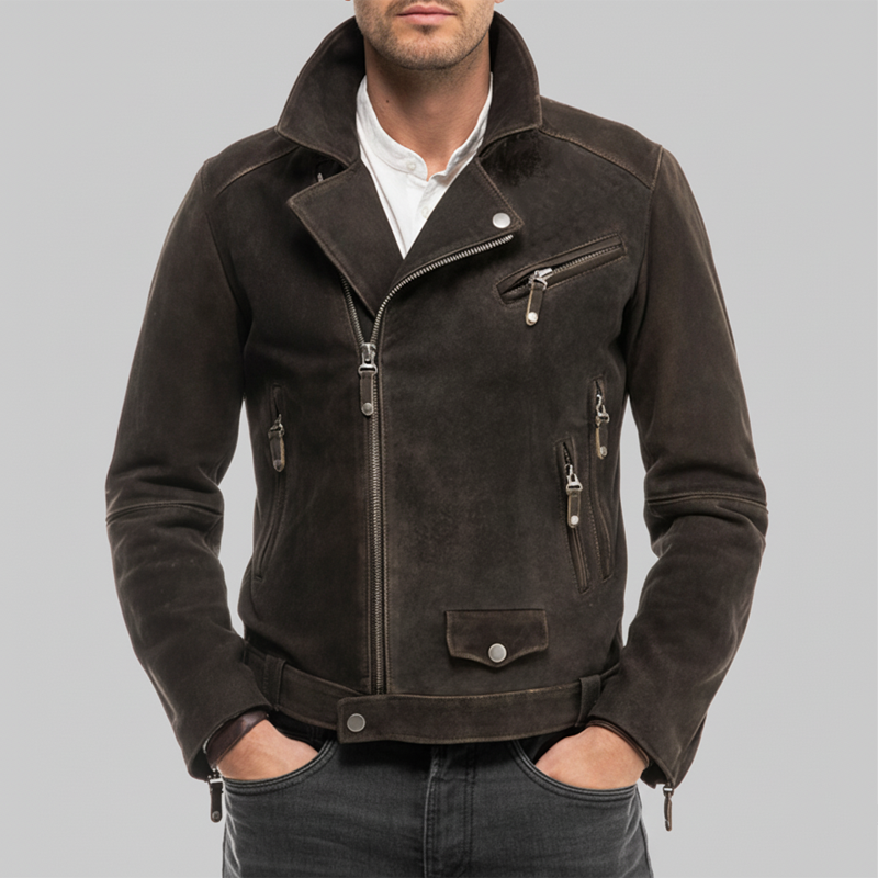 Men's Classic Dark Brown Multi-Pocket Suede Motorcycle Jacket MTA1163J2U