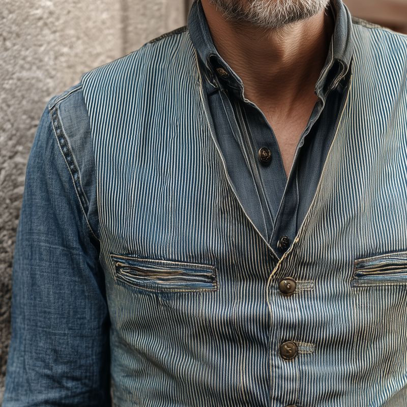 Men's Vintage Striped Denim V Neck Single Breasted Multi-pocket Vest MTA1880H1Z