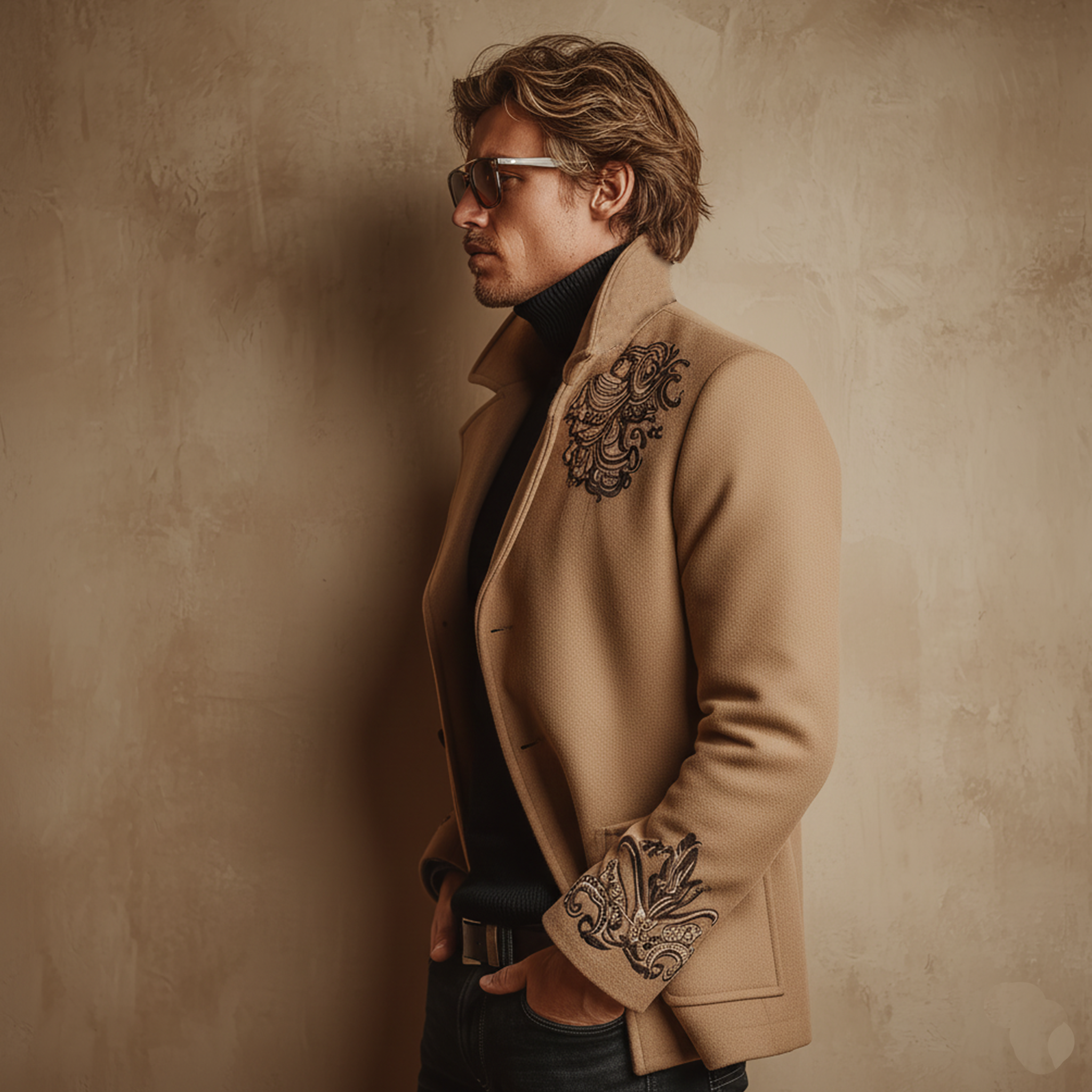 Men's Classic Retro Lapel Embroidered Faux Wool Jacket MTA0663K9K